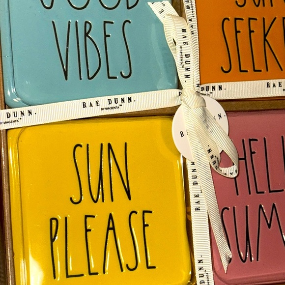 NWT HTF Rae Dunn Ceramic 4 Piece Boxed Bright Coasters Good Vibes Sun Seeker - Picture 3 of 7